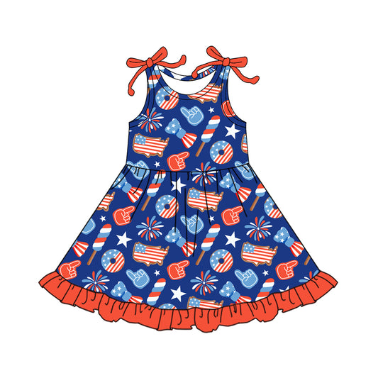 Preorder (moq 5)Baby Girls Red Blue Stars Fireworks 4th of July Ruffle Knee Length Dresses