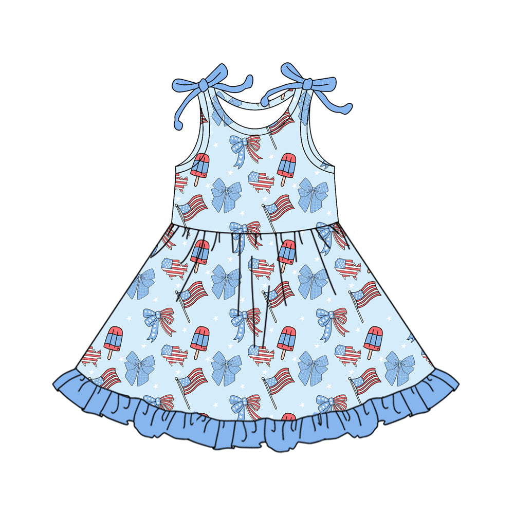 Preorder (moq 5)Baby Girls Blue Bows Popsicle 4th of July Ruffle Knee Length Dresses