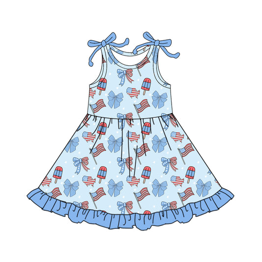 Preorder (moq 5)Baby Girls Blue Bows Popsicle 4th of July Ruffle Knee Length Dresses
