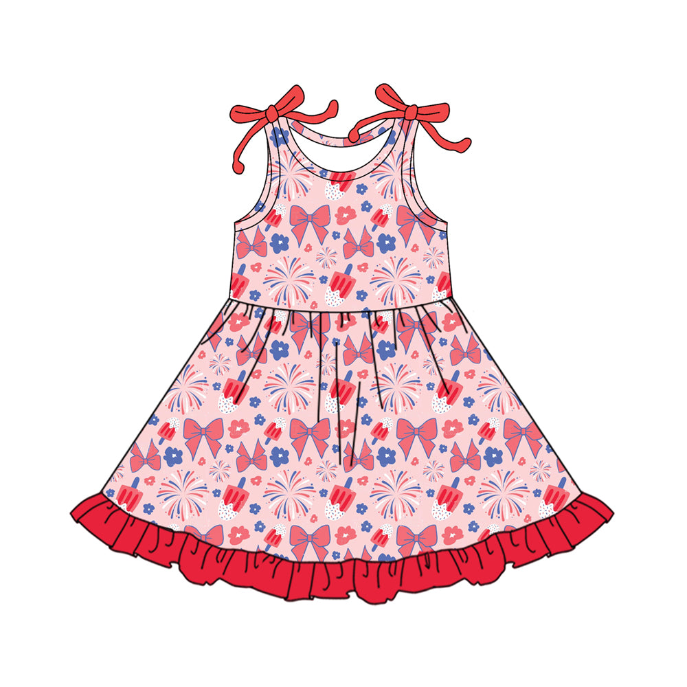 Preorder (moq 5)Baby Girls Pink Flowers Popsicle 4th of July Ruffle Knee Length Dresses