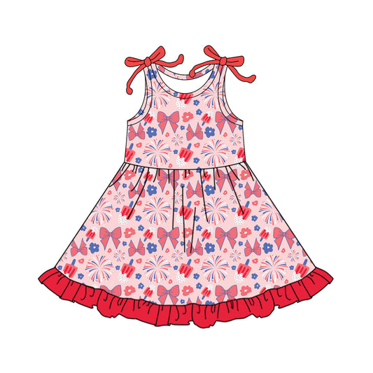 Preorder (moq 5)Baby Girls Pink Flowers Popsicle 4th of July Ruffle Knee Length Dresses