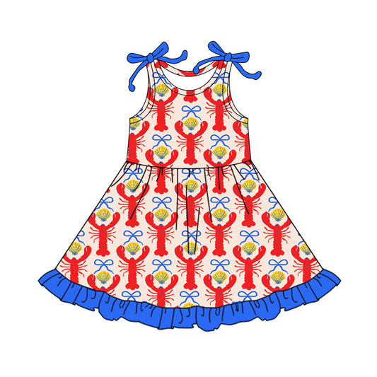 Preorder (moq 5)Baby Girls Sleeveless Bows Crayfishes Shells Ruffle Knee Length Dresses