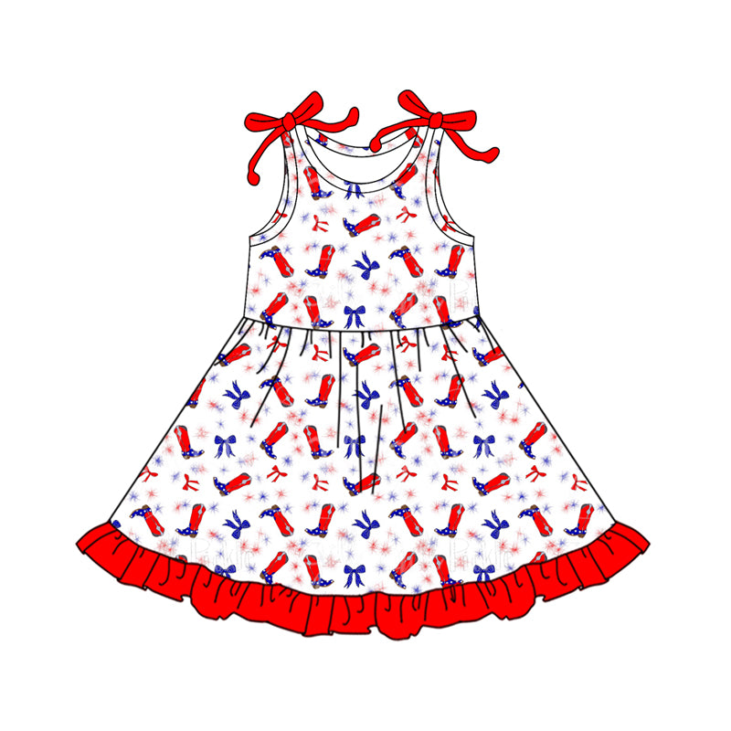 Preorder (moq 5)Baby Girls Red Blue Bows Boots Stars 4th of July Ruffle Knee Length Dresses
