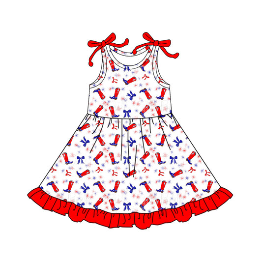 Preorder (moq 5)Baby Girls Red Blue Bows Boots Stars 4th of July Ruffle Knee Length Dresses