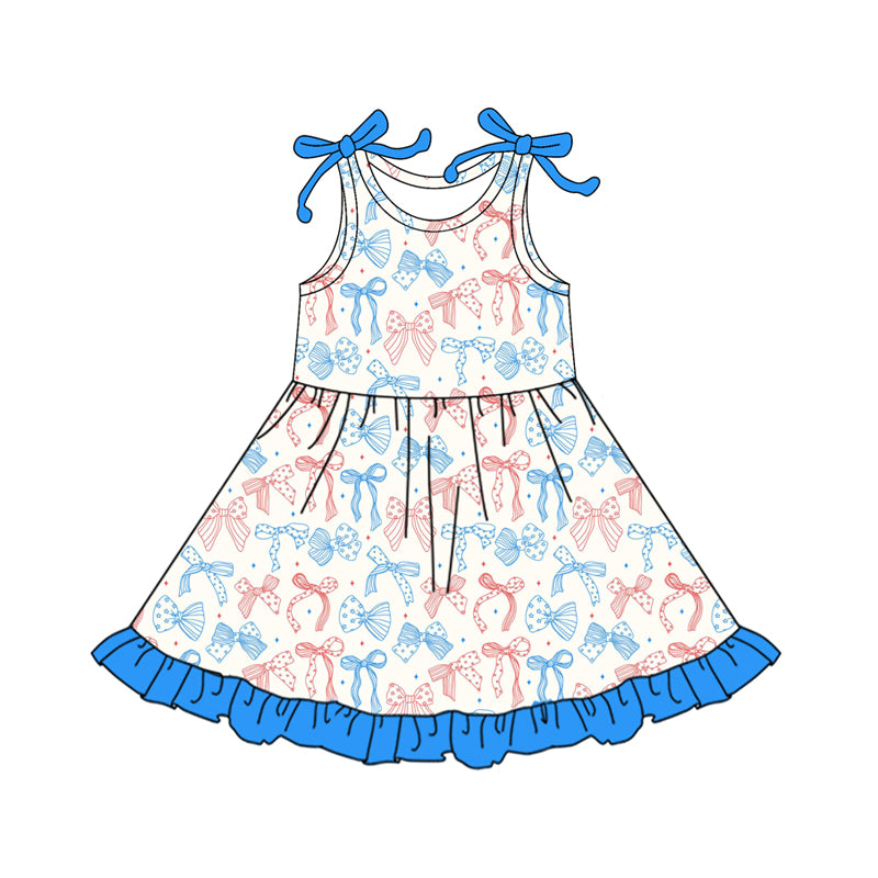 Preorder (moq 5)Baby Girls Red Blue Stars Bows 4th of July Ruffle Knee Length Dresses