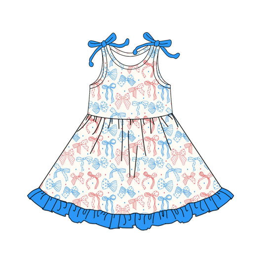 Preorder (moq 5)Baby Girls Red Blue Stars Bows 4th of July Ruffle Knee Length Dresses
