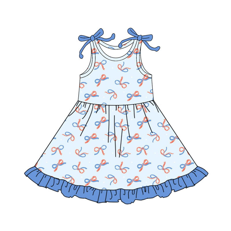 Preorder (moq 5)Baby Girls Red Blue Stars Stripe Bows 4th of July Ruffle Knee Length Dresses