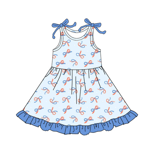 Preorder (moq 5)Baby Girls Red Blue Stars Stripe Bows 4th of July Ruffle Knee Length Dresses
