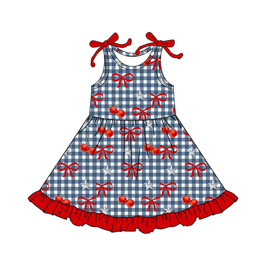 Preorder (moq 5)Baby Girls Blue Checked Bows Cherry 4th of July Ruffle Knee Length Dresses