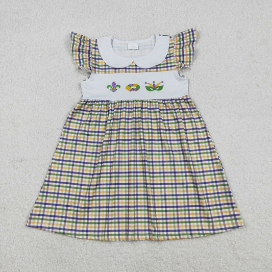Embroidery Anchors Donuts Baby Girls Mardigras Checked Collar Knee Length Dresses
