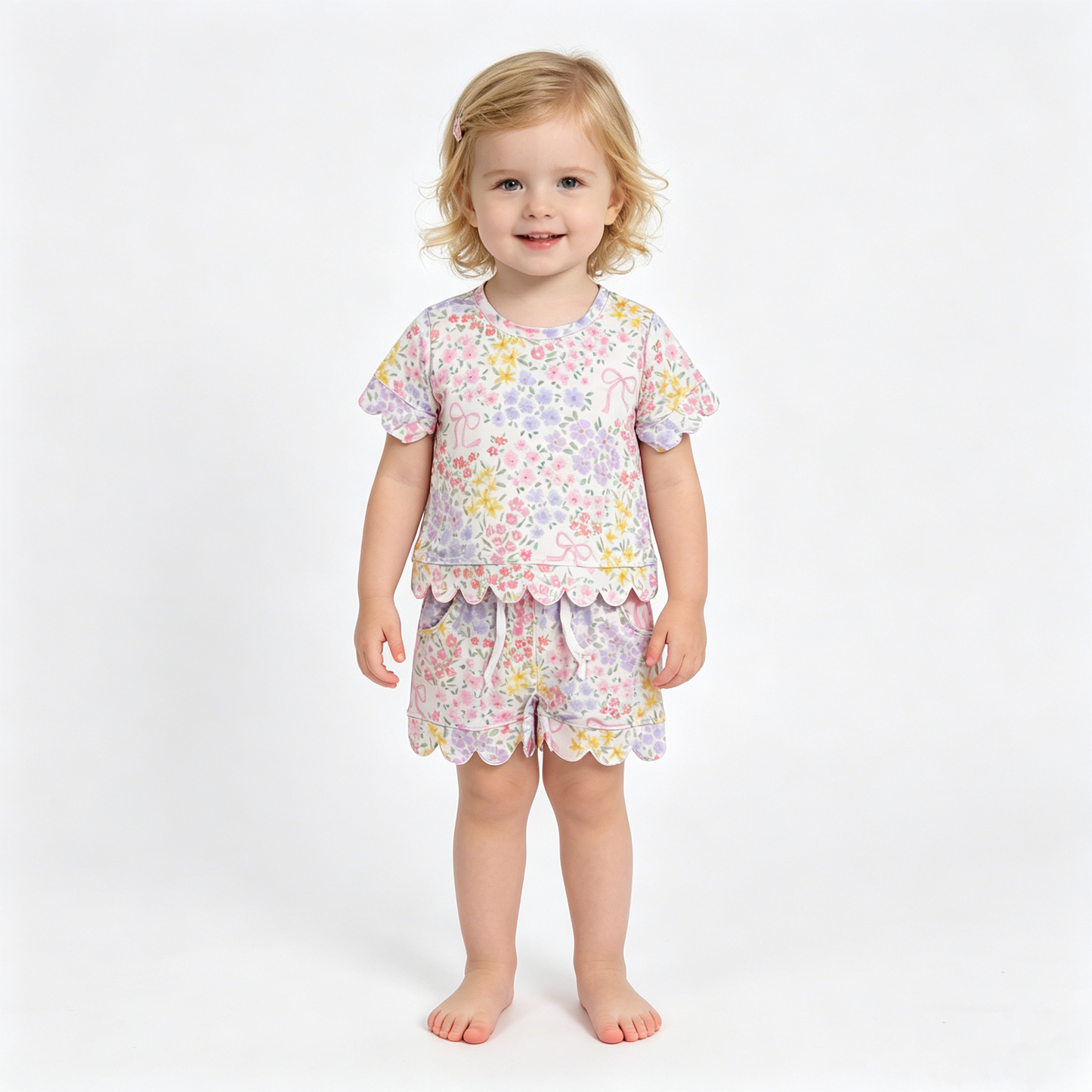 Baby Girls Colorful Flowers Bows Top Pockets Shorts Scallop Clothes Sets