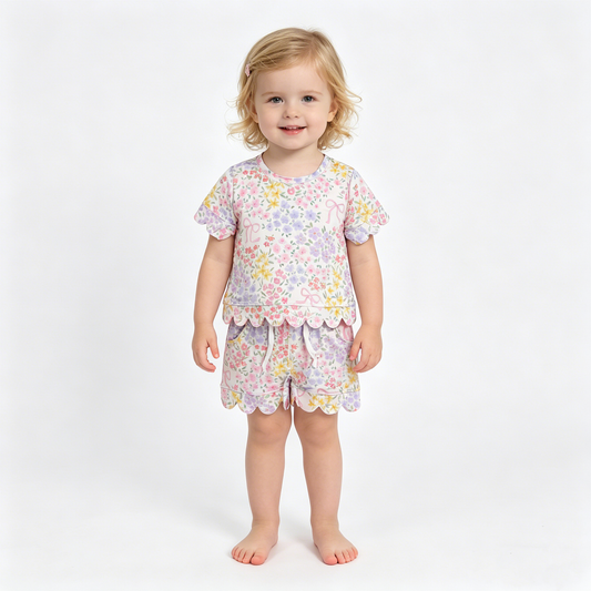 Baby Girls Colorful Flowers Bows Top Pockets Shorts Scallop Clothes Sets