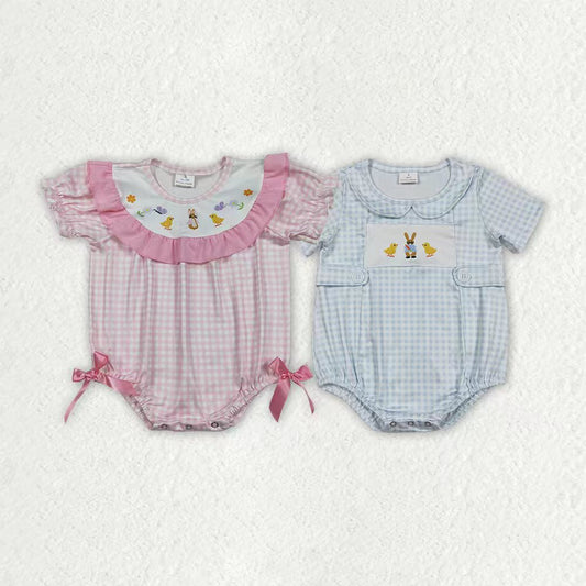 Sibling Baby Boys Girls Rabbits Chicks Checked Easter Rompers