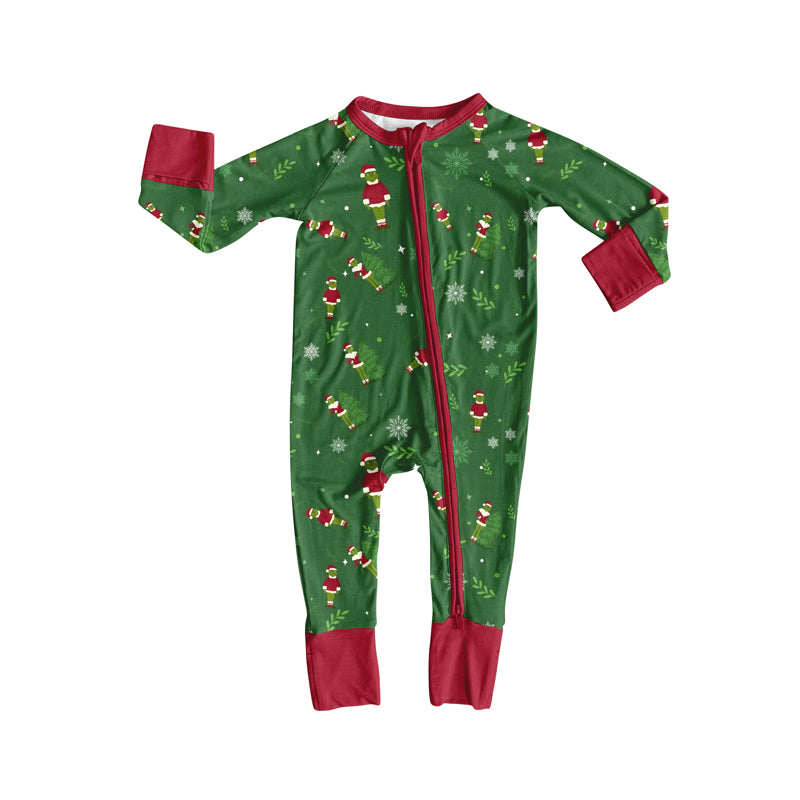 Preorder(moq 5)Baby Infant Christmas Dark Green Face Zipper Footie Rompers