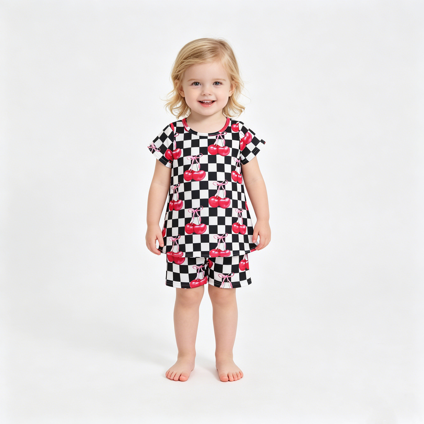 Baby Girls White Black Checked Cherry Tunic Shorts Clothes Sets