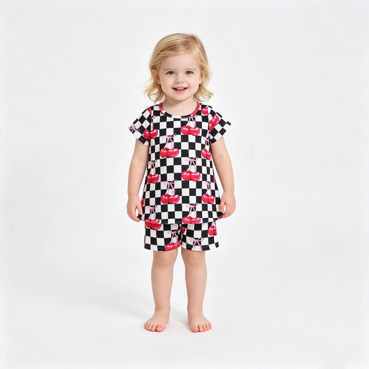 Baby Girls White Black Checked Cherry Tunic Shorts Clothes Sets