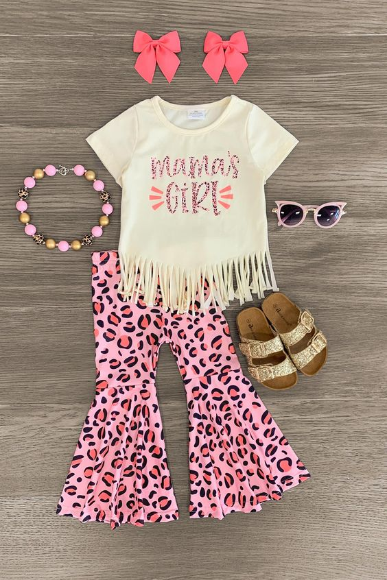Baby Girls Mama's Girl Tassel Shirt Top Leopard Bell Bottom Pants Clothing Sets Preorder(moq 5)