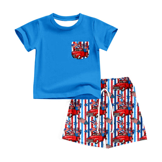 Baby Boys Blue Pocket Shirt Top 4th Of July Flags Cars Shorts Clothes Sets preorder (moq 5)