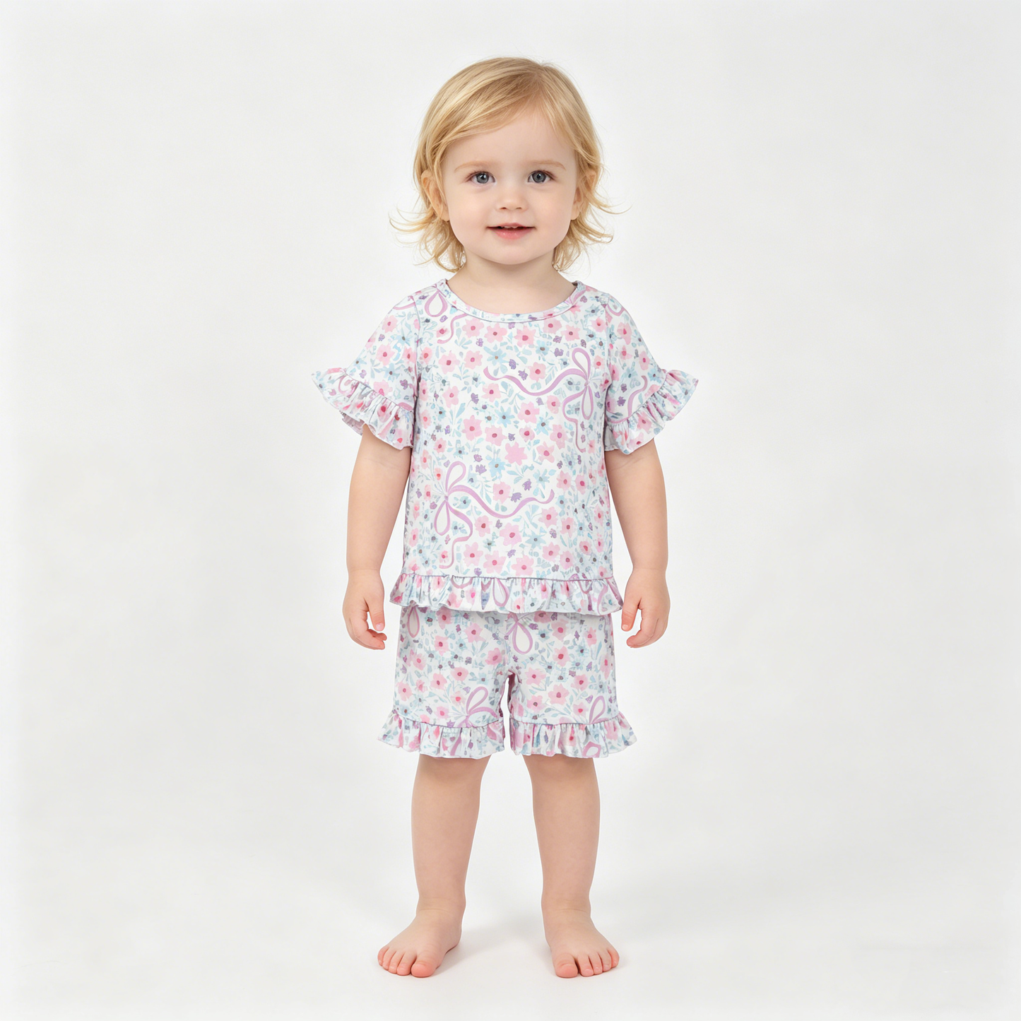 Baby Girls Colorful Flowers Bows Top Ruffle Shorts Pajamas Clothes Sets