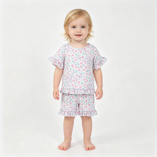 Baby Girls Colorful Flowers Bows Top Ruffle Shorts Pajamas Clothes Sets