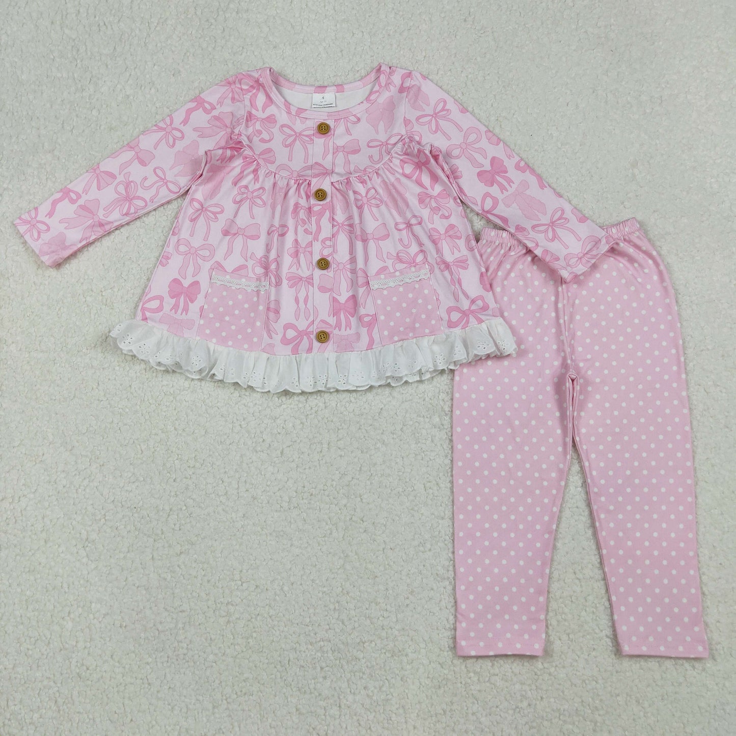 Baby Girls Pink Bows Plaid Button Pockets Ruffle Tunic Polka Dots Leggings Clothes Sets