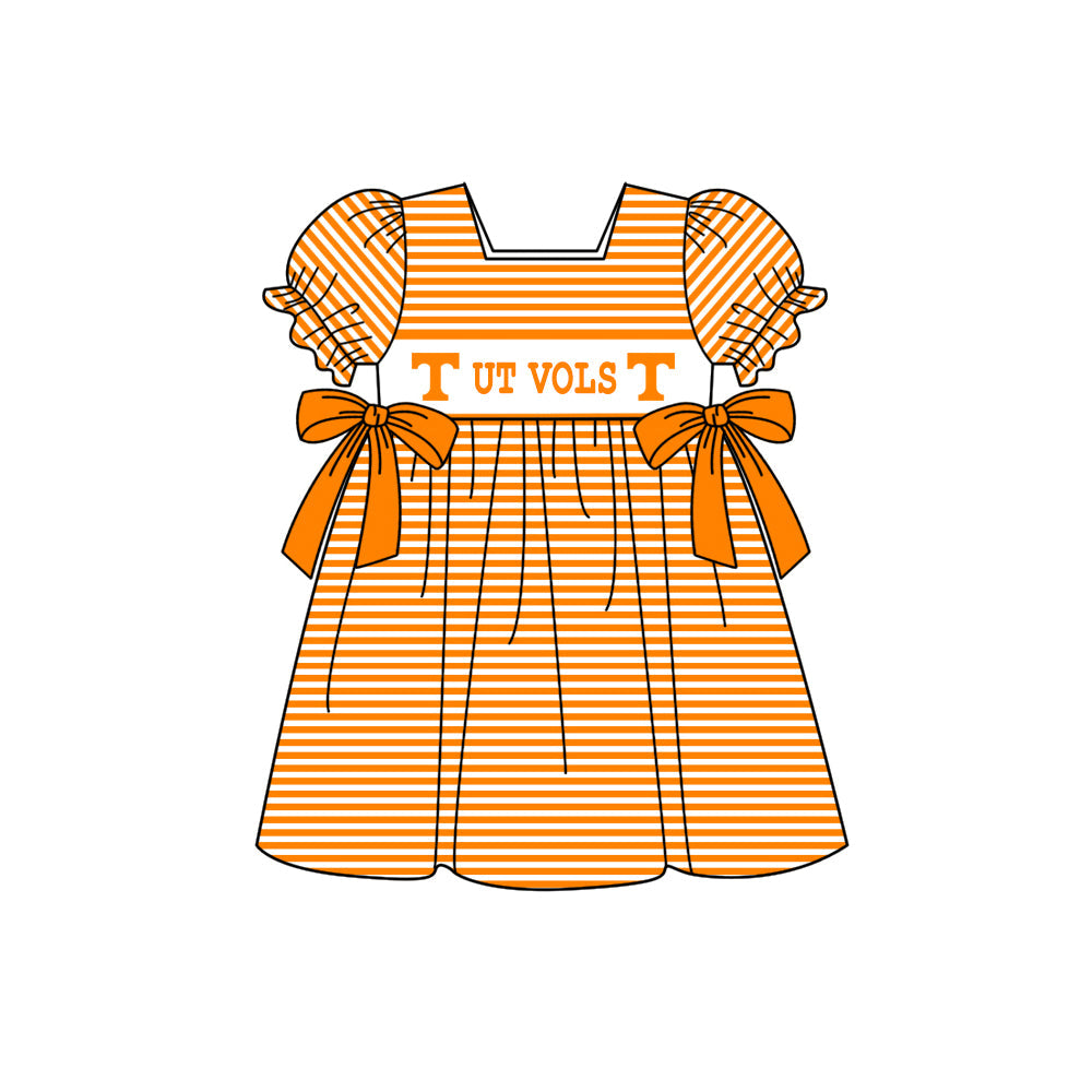 Preorder (moq 5)Baby Girls Orange T Ut Vols Stripe Bows Team Knee Length Dresses