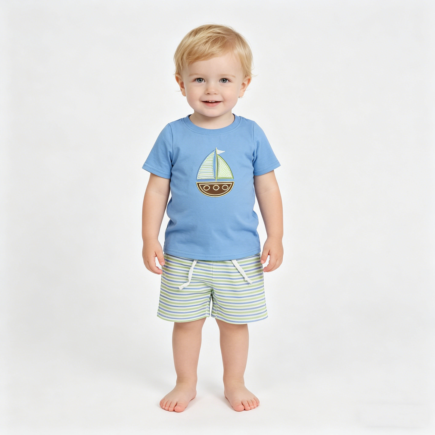 Embroidery Boats Baby Boys Blue Shirts Top Stripe Pockets Shorts Clothes Sets