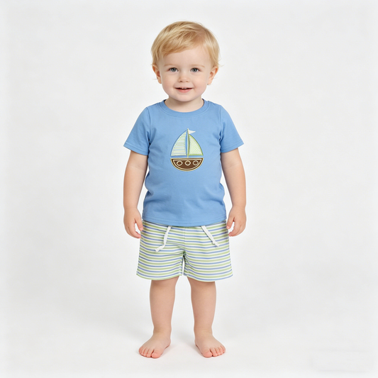 Embroidery Boats Baby Boys Blue Shirts Top Stripe Pockets Shorts Clothes Sets