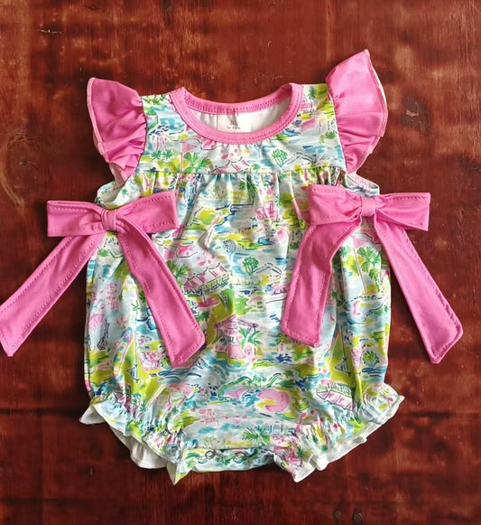 Preorder moq 5 Baby Girls Pink Flutter Sleeves Watercolor Beach Bows Ruffle Rompers