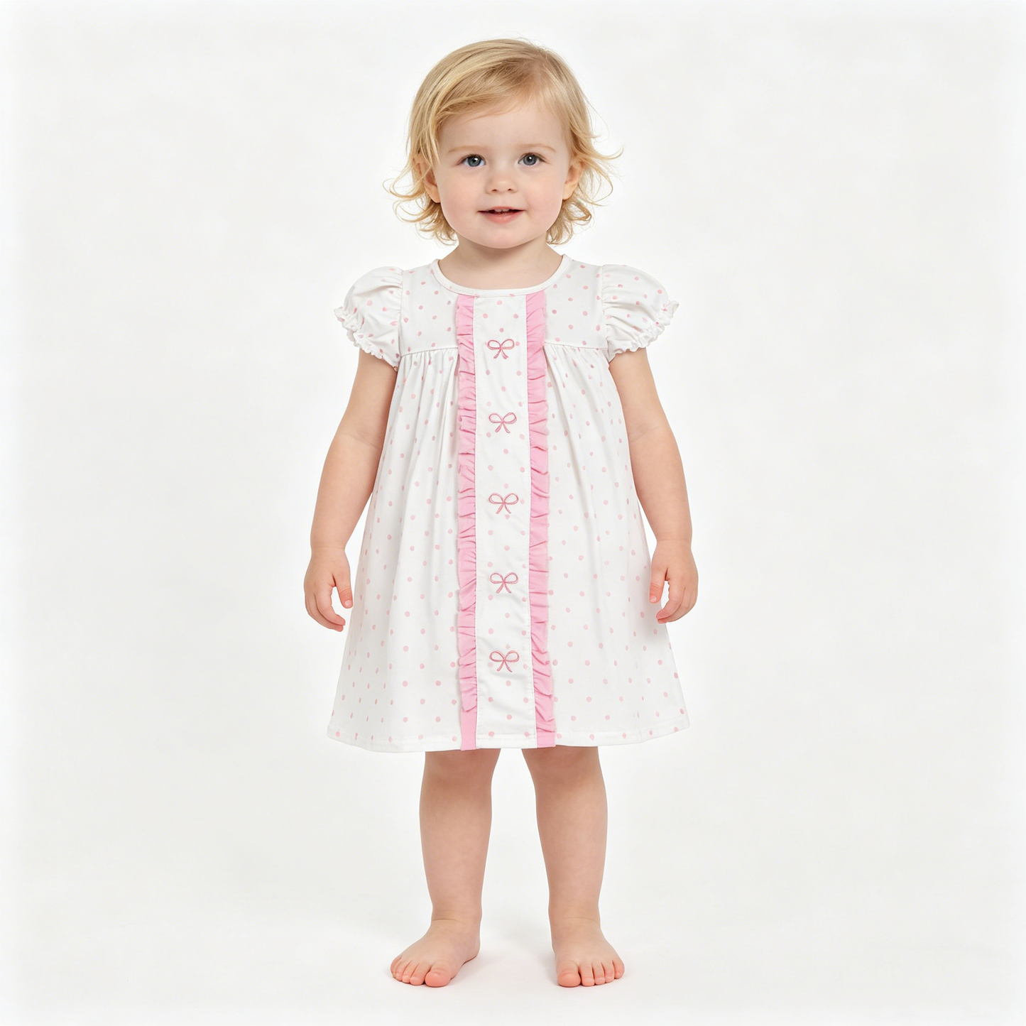 Embroidery Bows Baby Girls Pink Polka Dots Knee Length Dresses
