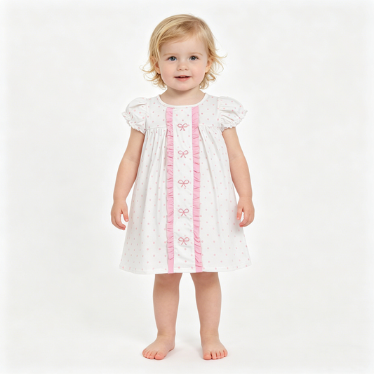 Embroidery Bows Baby Girls Pink Polka Dots Knee Length Dresses