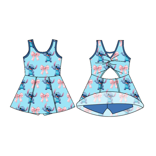 Preorder (moq 5)Baby Girls Blue Sleeveless Cartoon Bunny Bows Shorts Team Knee Length Dress