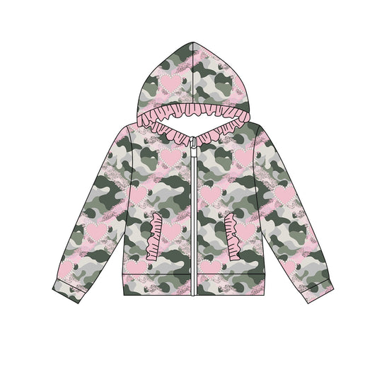 Preorder(moq 8)Baby Girls Olive Camo Hearts Checked Pocket Zipper Ruffle Hoodie Jackets