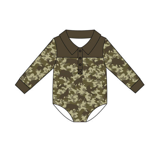 Preorder (moq 5)Baby Boys Long Sleeve Ducks Animals Camo Button Hunting Rompers