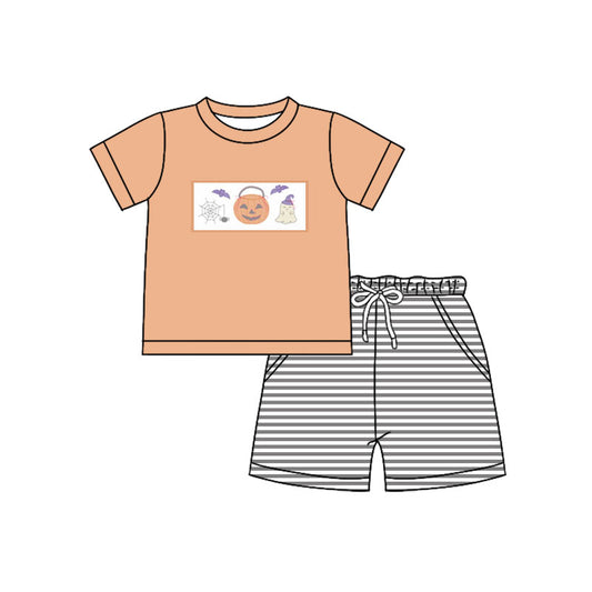 Preorder (moq 5)Baby Boys Peach Short Sleeves Ghost Pumpkins Bats Top Gray Stripe Pockets Shorts Set