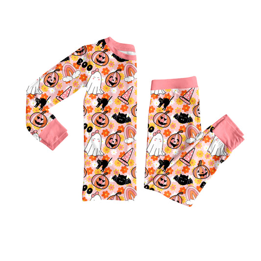 preorder(moq 5) Baby Girls Long Sleeves Flowers Ghost Pumpkins Top Pants Pajamas Set