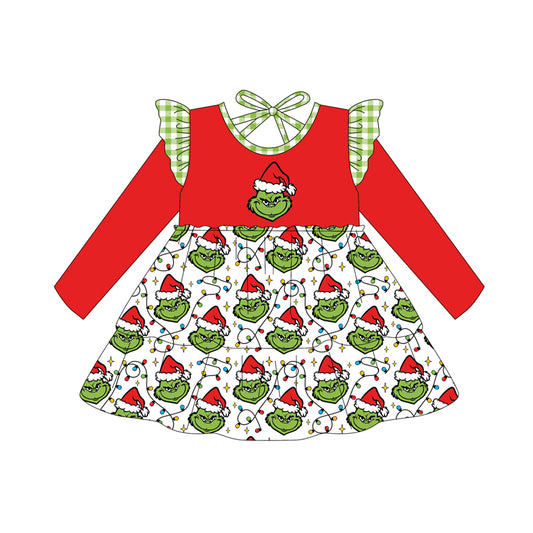 Preorder (moq 5)Baby Girls Grin Frog Christmas Ruffle Knee Length Dresses