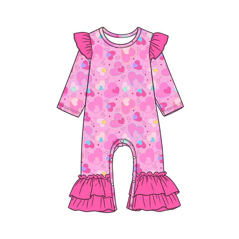 Preorder (moq 5) Baby Girls Colorful Hearts Valentines Ruffle Pant Rompers