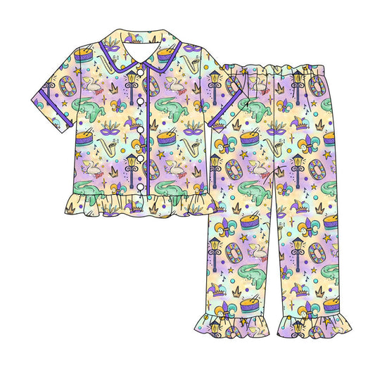 Preorder (moq 5)Baby Girls Anchors Crocodiles Button Top Ruffle Pants Mardigras Pajamas Sets