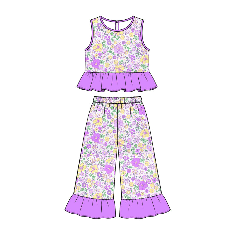 Preorder (moq 5) Baby Girl Clothes Mardi Gras Purple Yellow Floral Print Sleeveless Ruffle Top Flare Pant Set