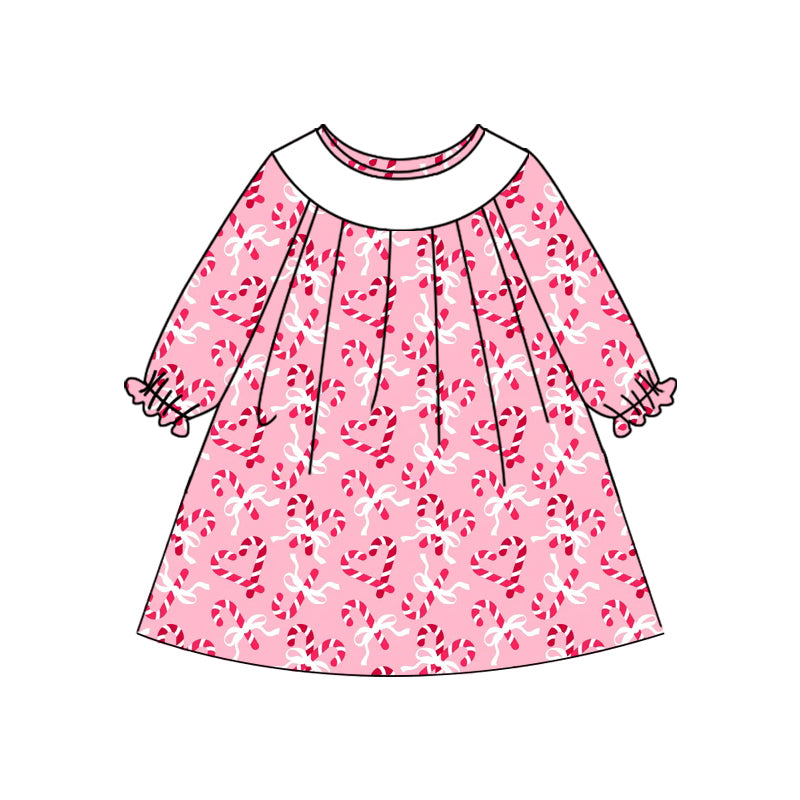 Preorder (moq 5)Baby Girls Pink Long Ruffle Sleeves Bows Candy Cane Knee Length Dresses