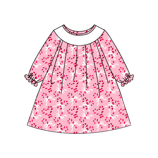 Preorder (moq 5)Baby Girls Pink Long Ruffle Sleeves Bows Candy Cane Knee Length Dresses