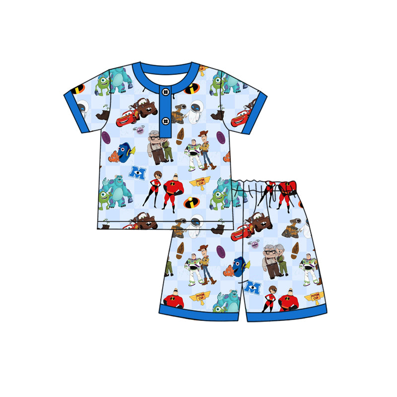 Preorder (moq 5)Baby Boys Blue Short Sleeves Button Top Cartoon Short Dolls Pajamas Sets
