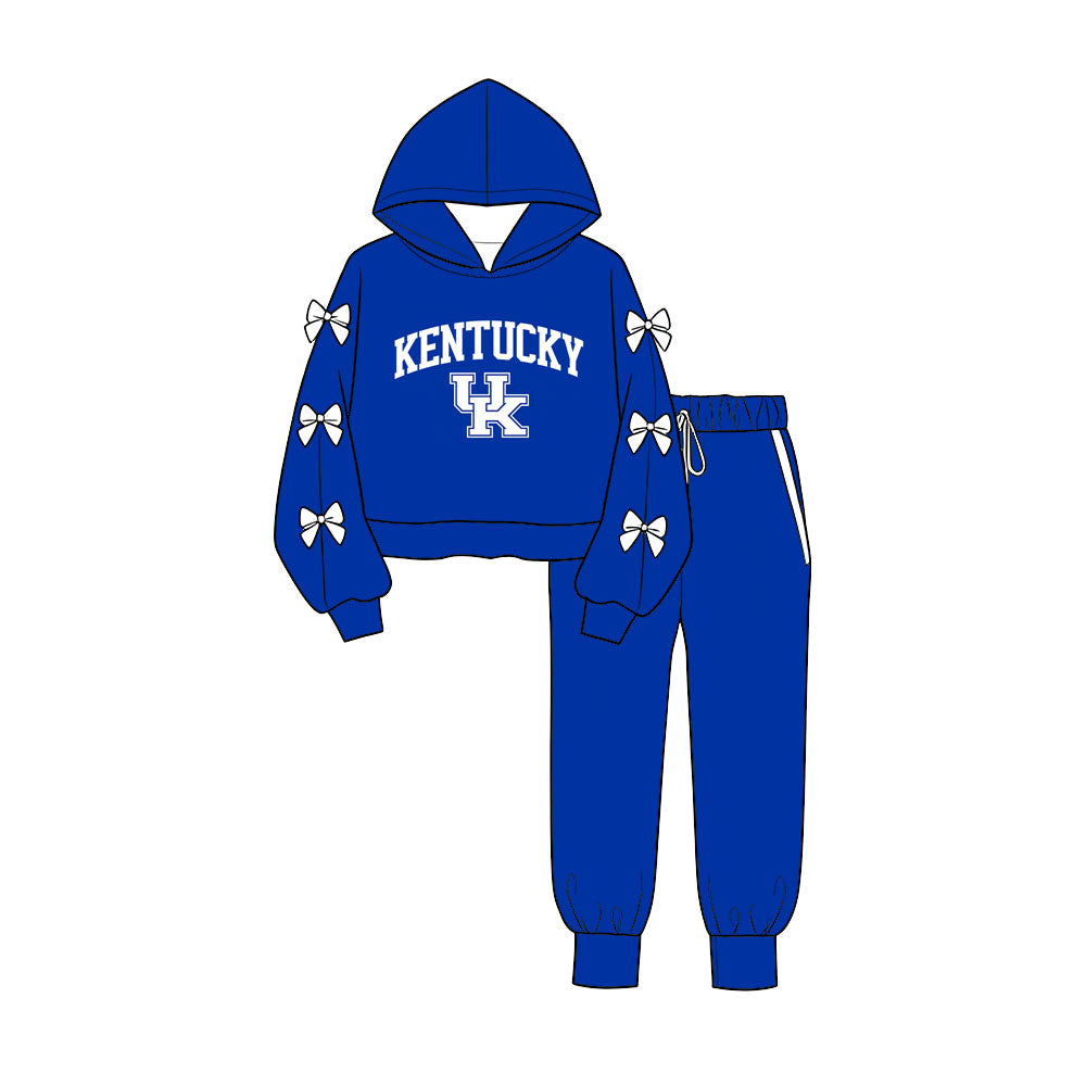 Preorder (moq 5) Baby Girls Bows Sleeves Kentucky Hoodie Pockets Jogger Team Clothes Sets