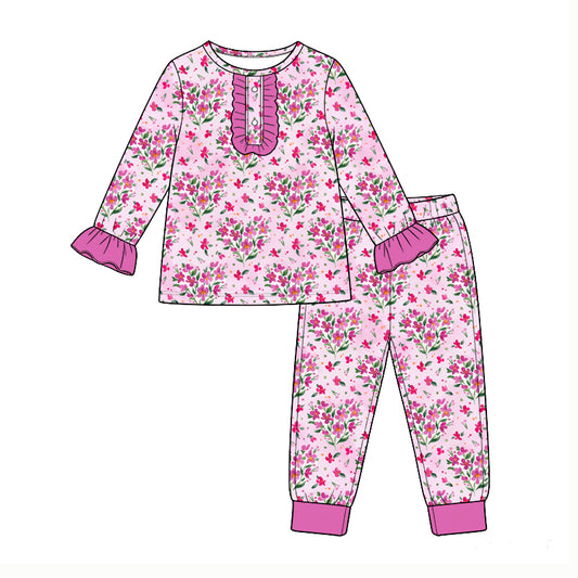 Preorder (moq5) Baby Girls Pink Small Flowers Button Top Pant Valentines Pajamas Set