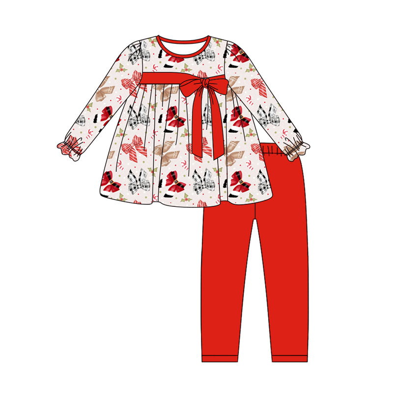 Preorder (moq 5)Baby Girls Long Ruffle Sleeves Colorful Bows Tunic Red Legging Pant Sets