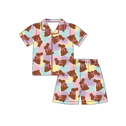 Preorder (moq 5)Baby Girls Colorful Checked Bows Rabbits Button Top Shorts Easter Pajamas Sets