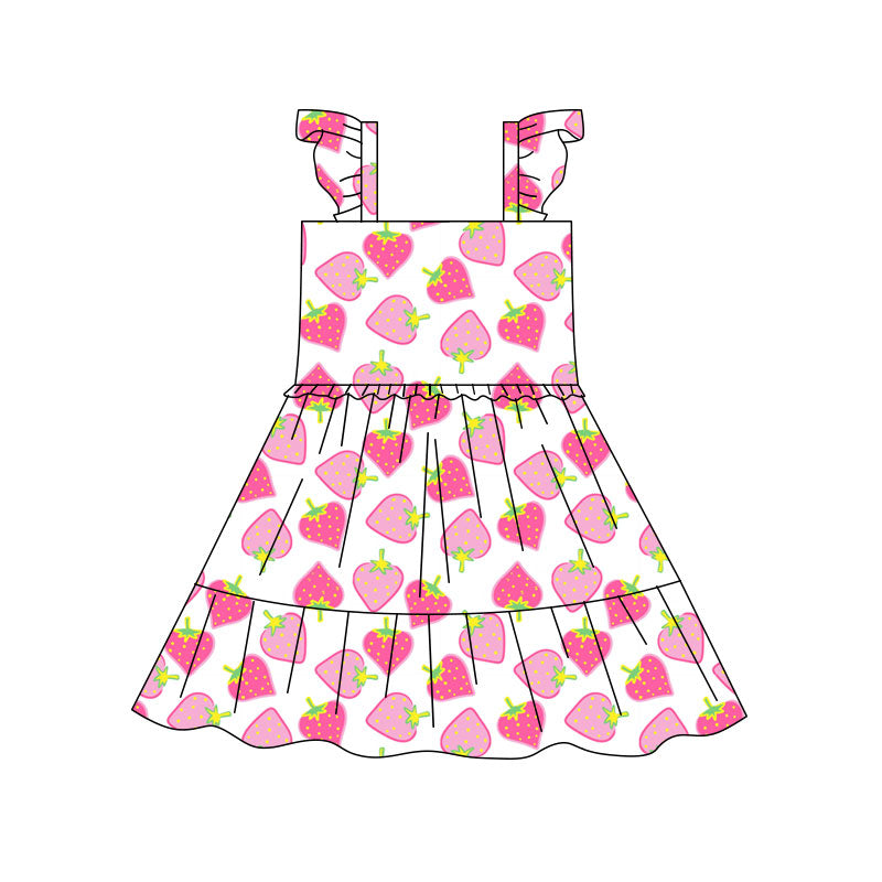 Preorder(moq 5) Baby Girls Pink Strawberry Plaid Patchwork Knee Length Dresses