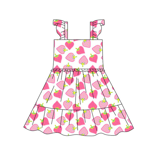 Preorder(moq 5) Baby Girls Pink Strawberry Plaid Patchwork Knee Length Dresses