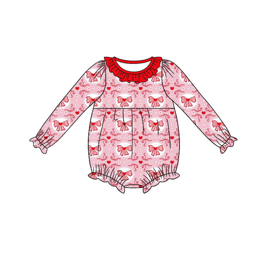 Preorder (moq 5) Baby Girl Clothes Vintage Bow Heart Print Long Sleeve Ruffle Bubble Romper